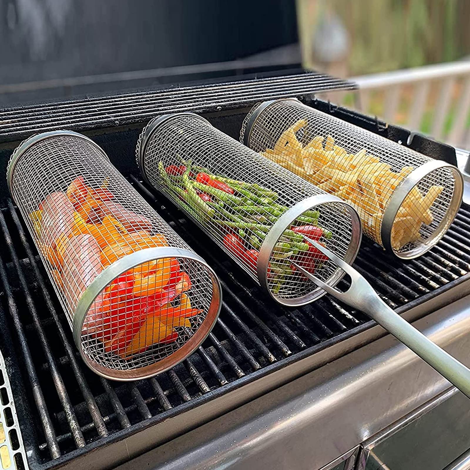 Homekiv  Rolling Grilling Basket  Metal BBQ Barbecue Cylinder Net