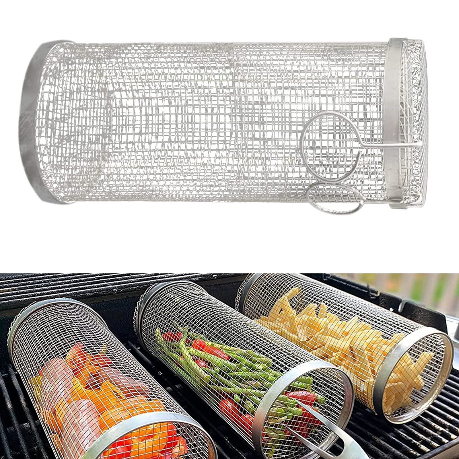 Homekiv  Rolling Grilling Basket  Metal BBQ Barbecue Cylinder Net