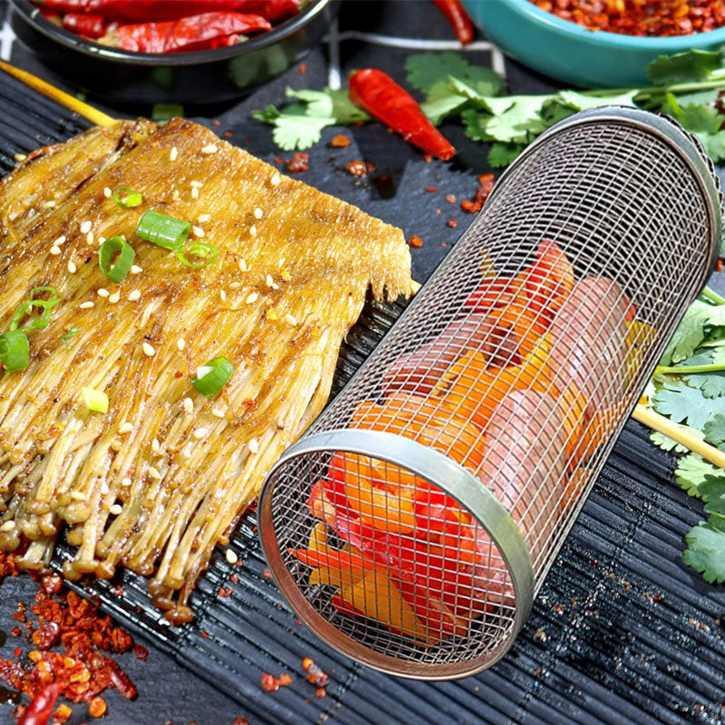 Homekiv  Rolling Grilling Basket  Metal BBQ Barbecue Cylinder Net